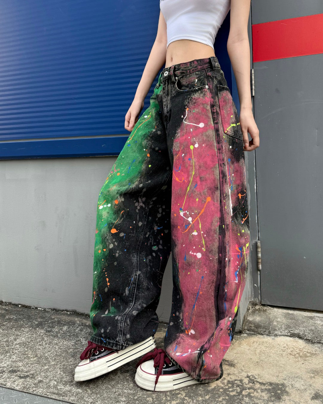 STEP BLOCK MT077 Contrast Split Paint Splatter Baggy Jeans