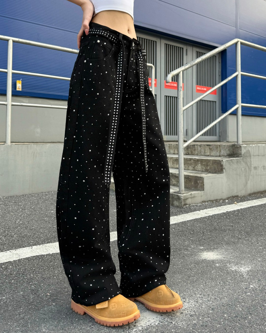 STEP BLOCK MT079 Rhinestone Studded Baggy Jeans - Black Denim
