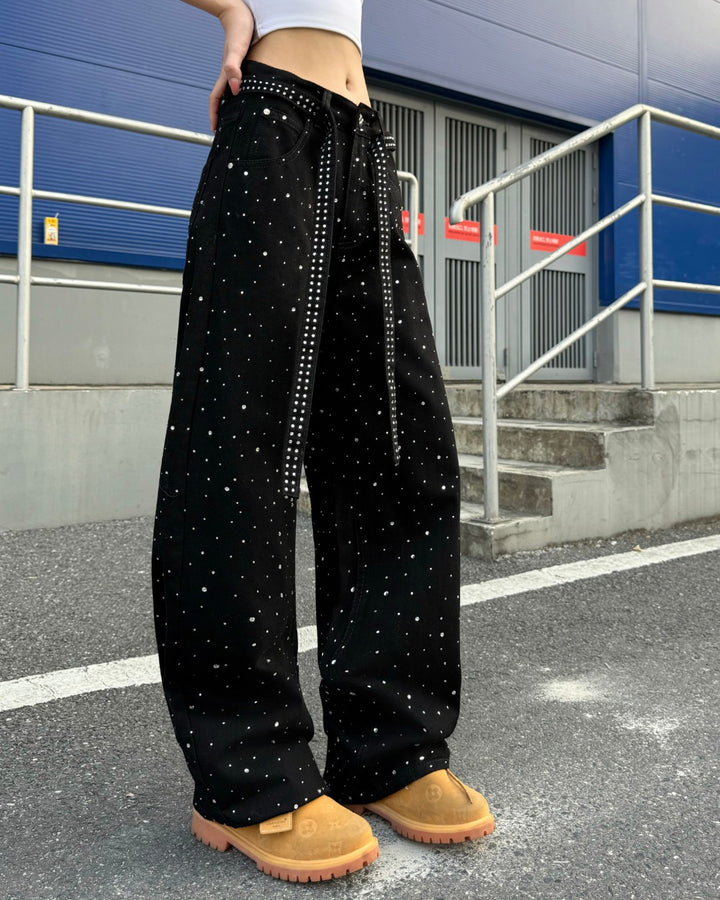 STEP BLOCK MT079 Rhinestone Studded Baggy Jeans - Black Denim
