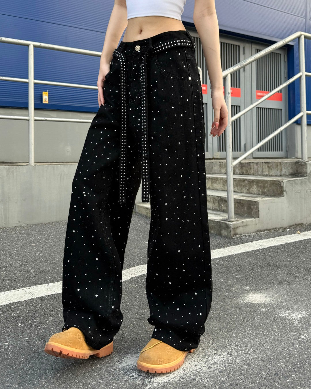 STEP BLOCK MT079 Rhinestone Studded Baggy Jeans - Black Denim