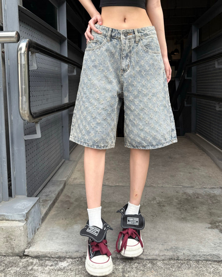 STEP BLOCK MK021 Monogram Pattern Denim 5" Shorts - Baggy Fit