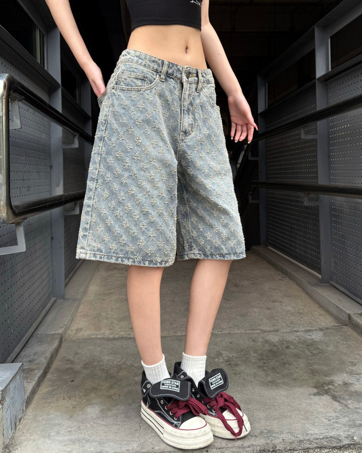 STEP BLOCK MK021 Monogram Pattern Denim 5" Shorts - Baggy Fit