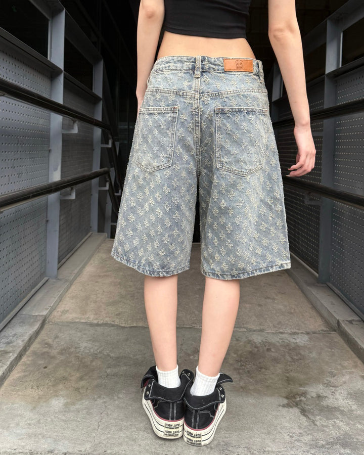 STEP BLOCK MK021 Monogram Pattern Denim 5" Shorts - Baggy Fit