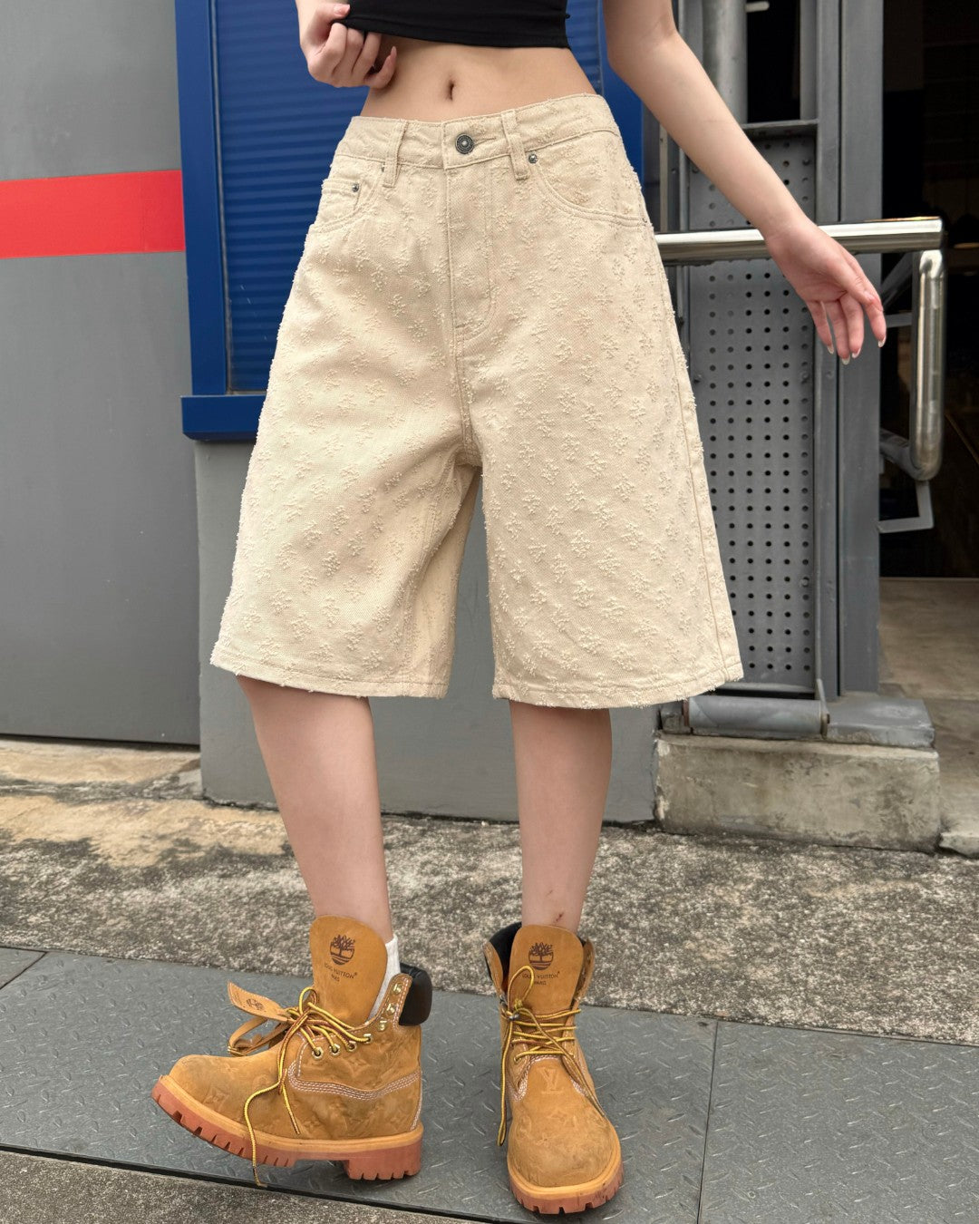 STEP BLOCK MK021 Monogram Pattern Denim 5" Shorts - Baggy Fit
