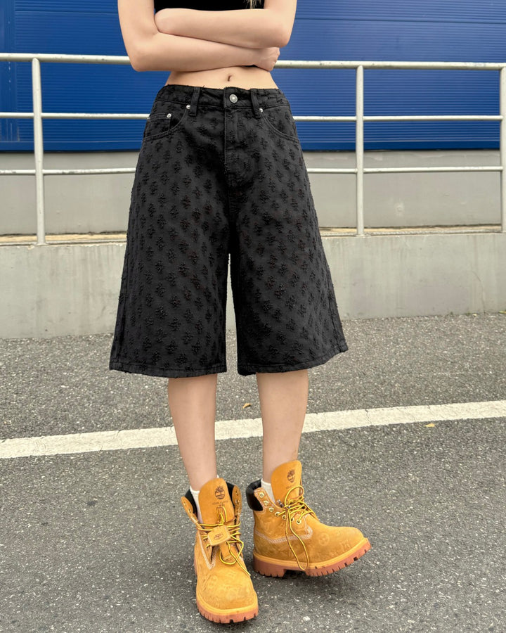 STEP BLOCK MK021 Monogram Pattern Denim 5" Shorts - Baggy Fit