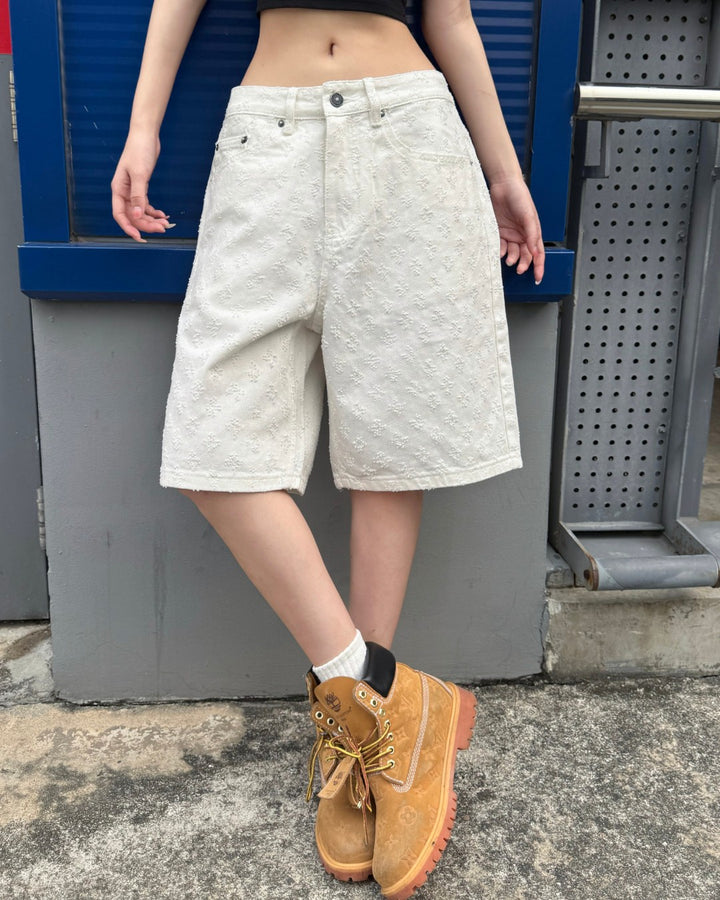 STEP BLOCK MK021 Monogram Pattern Denim 5" Shorts - Baggy Fit