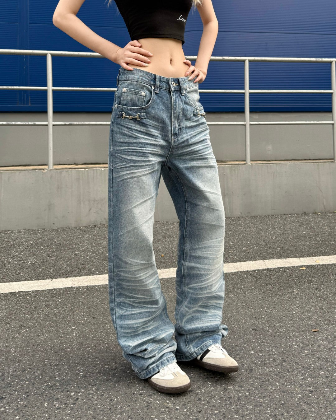 STEP BLOCK MT057 Baggy Stacked Jeans - Vintage Washed Denim