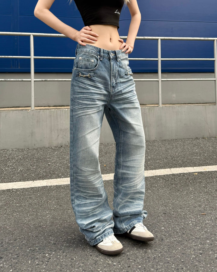 STEP BLOCK MT057 Baggy Stacked Jeans - Vintage Washed Denim