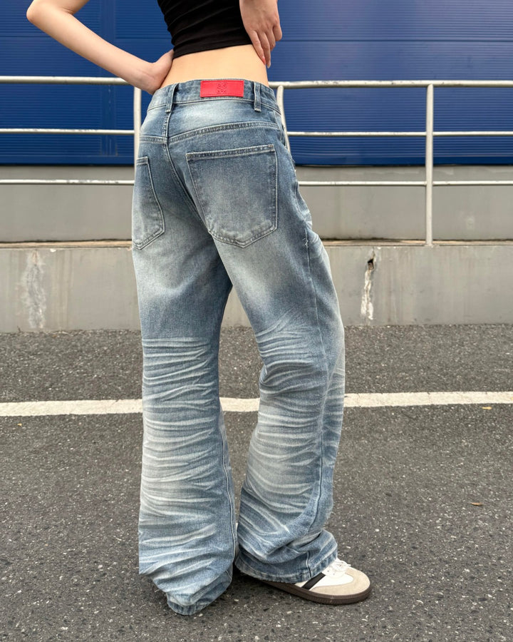 STEP BLOCK MT057 Baggy Stacked Jeans - Vintage Washed Denim