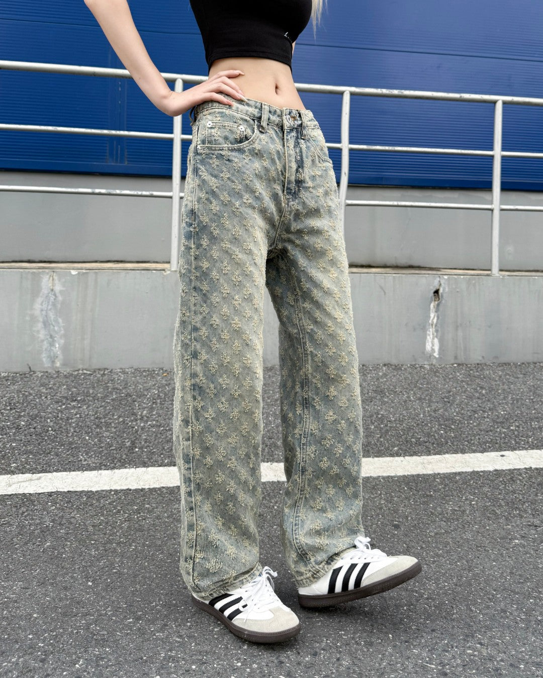 STEP BLOCK MT056 All-Over Pattern Baggy Jeans - Vintage Washed Denim