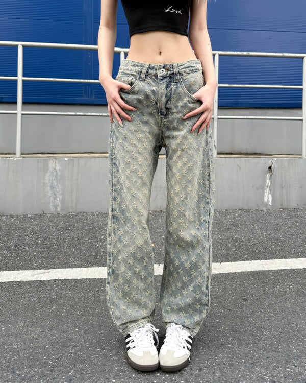 STEP BLOCK MT056 All-Over Pattern Baggy Jeans - Vintage Washed Denim
