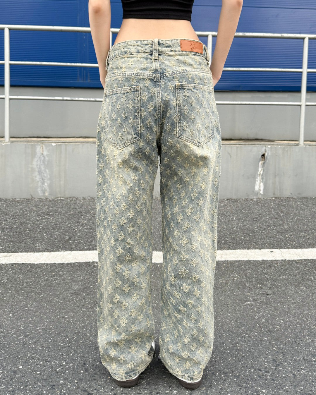 STEP BLOCK MT056 All-Over Pattern Baggy Jeans - Vintage Washed Denim