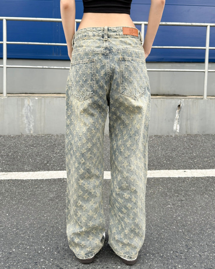 STEP BLOCK MT056 All-Over Pattern Baggy Jeans - Vintage Washed Denim