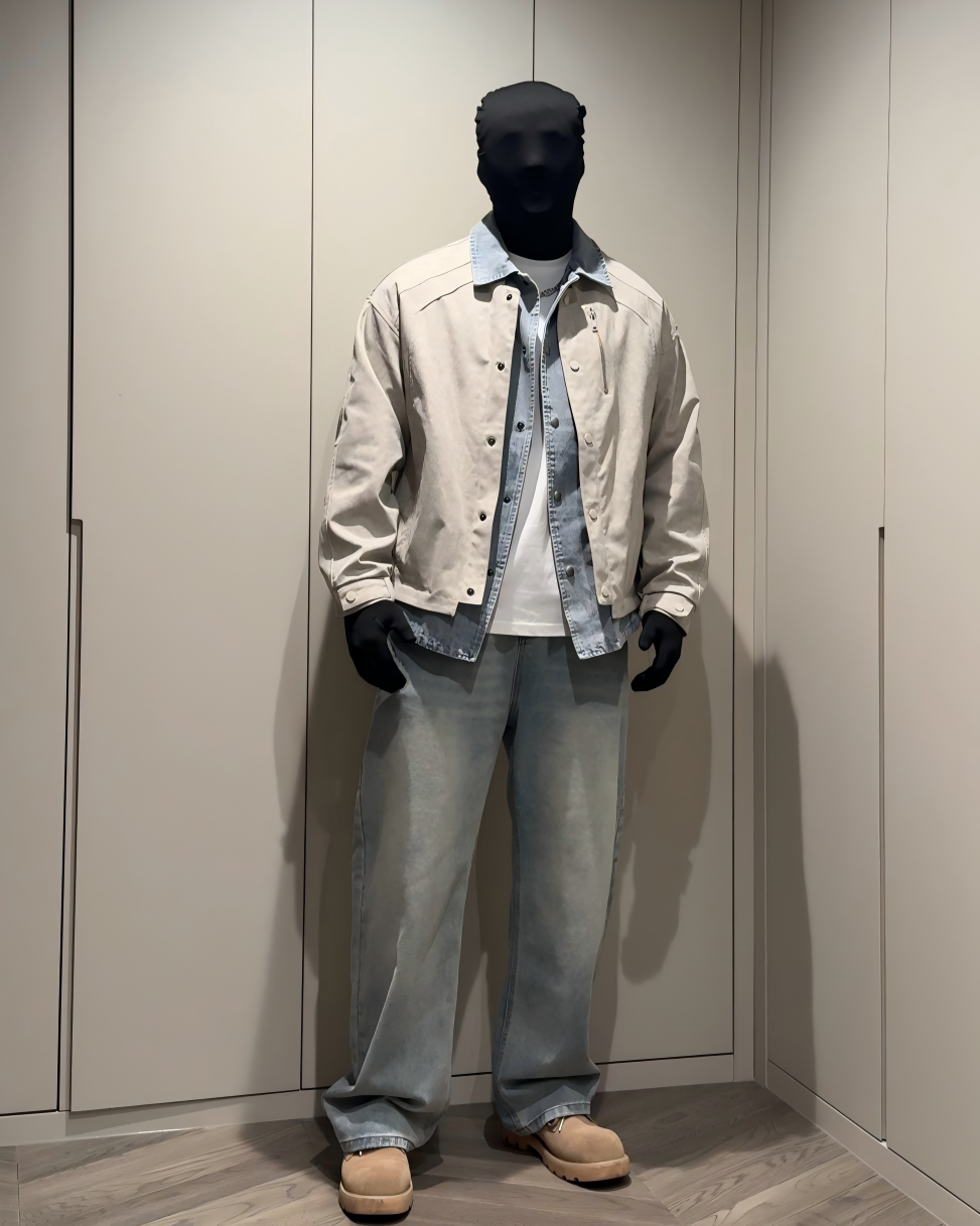 STEP BLOCK ST001 Denim Collar Washed Workwear Zip-Up Jacket