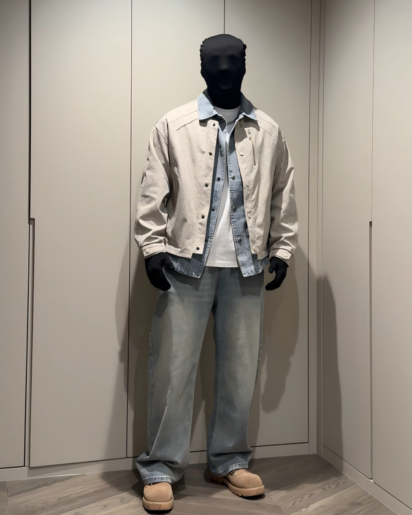 STEP BLOCK ST001 Denim Collar Washed Workwear Zip-Up Jacket