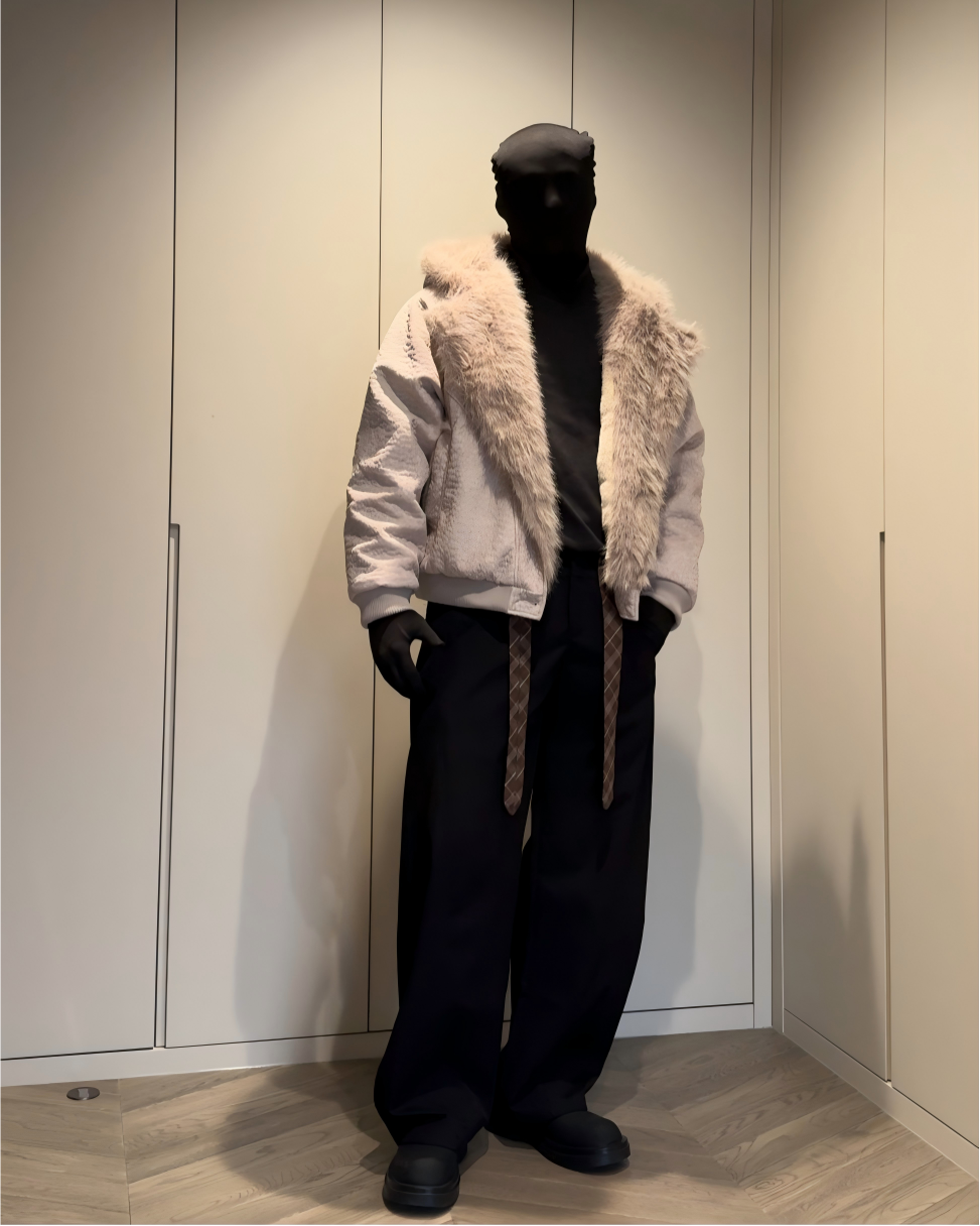 STEP BLOCK ST051 Oversized Shearling Lined Washed Denim Hooded Jacket