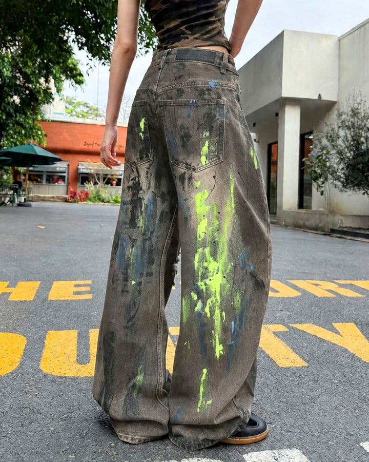 STEP BLOCK MT059 Neon Distressed Baggy Jeans - Washed Denim