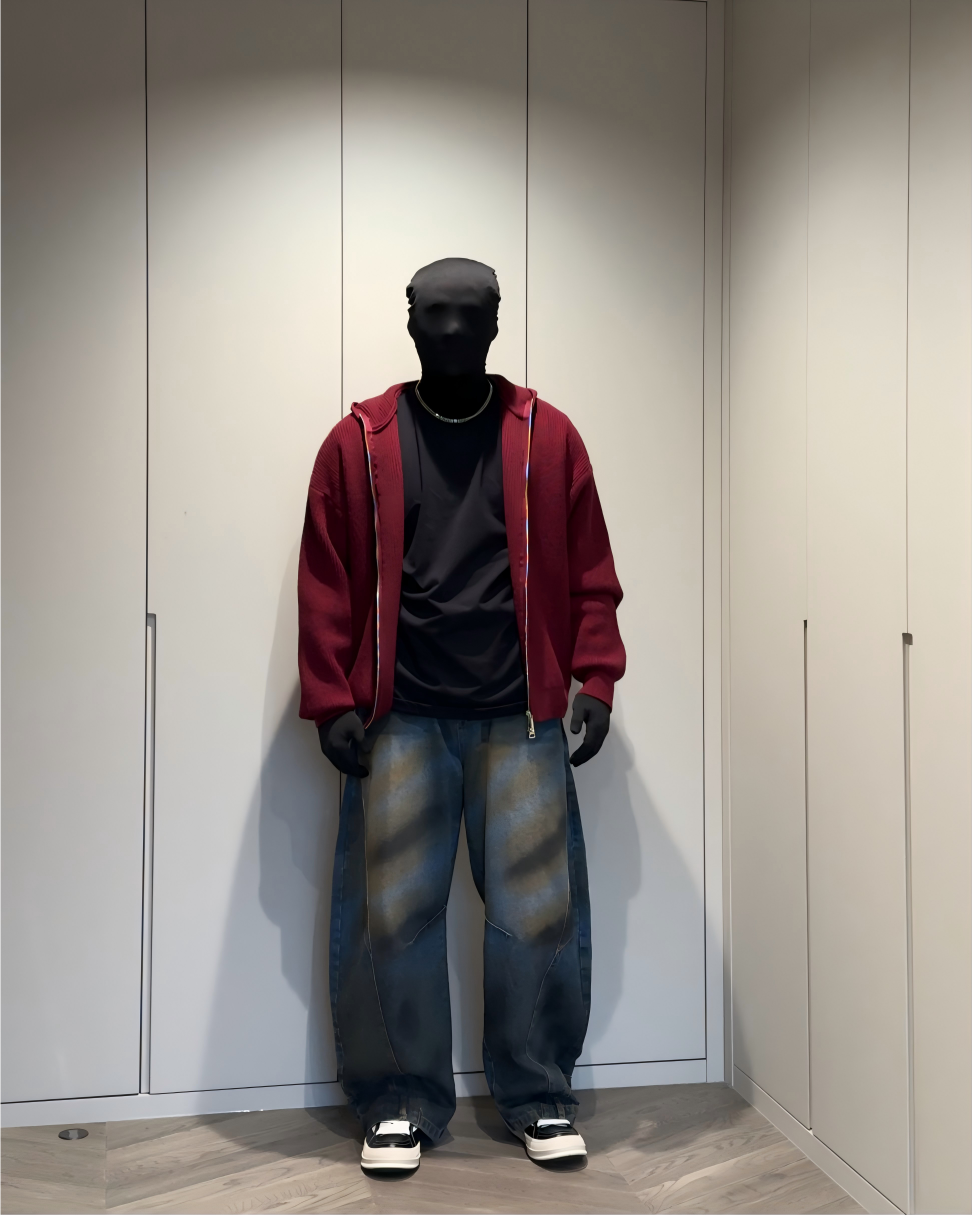 STEP BLOCK ST023 Oversized Full-Zip Knit Hoodie