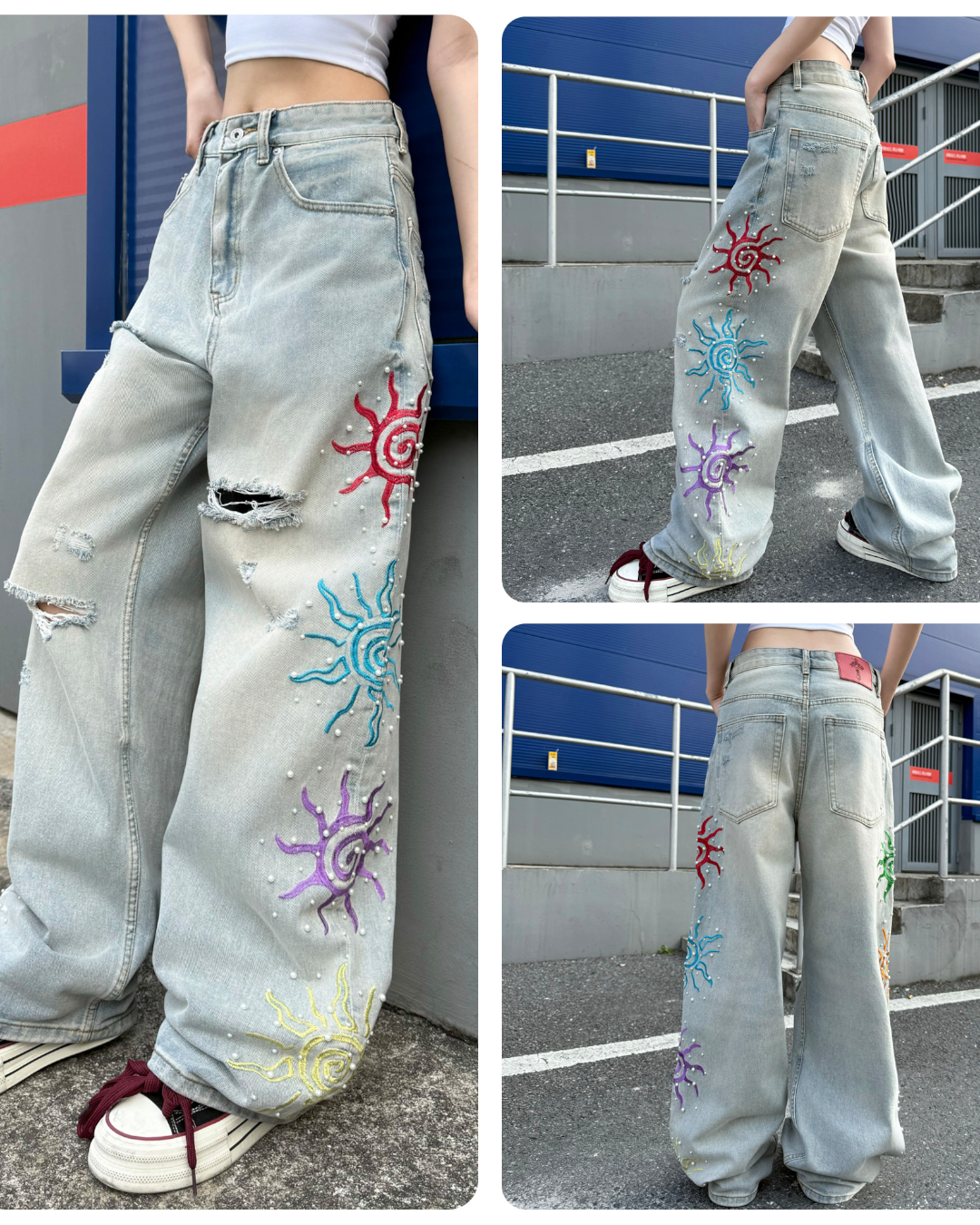 STEP BLOCK MT075 Colorful Star Embroidery Baggy Jeans - Light Wash