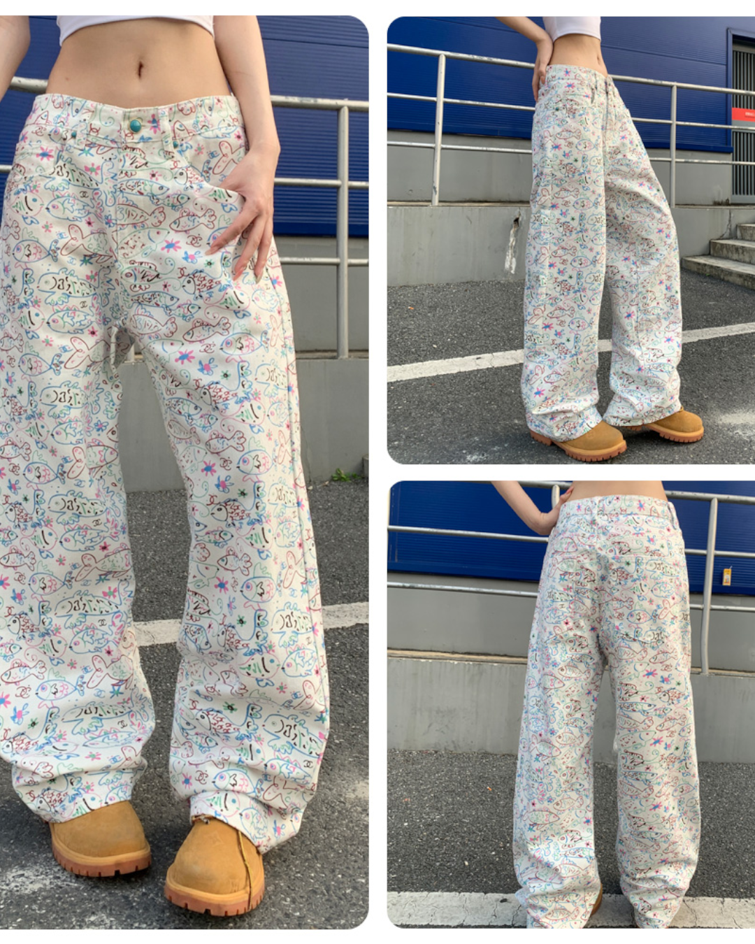 STEP BLOCK MT071 Floral Pattern Wide Leg Baggy Jeans - Streetwear