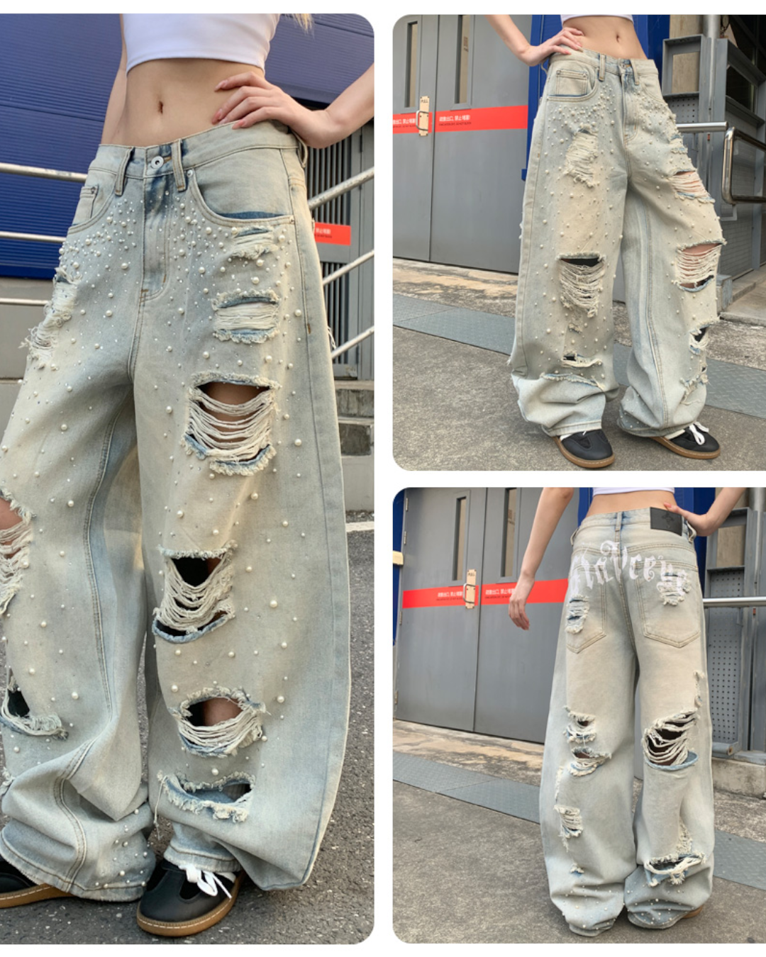 STEP BLOCK MT073 Heavy Distressed Ripped Baggy Jeans - Light Wash