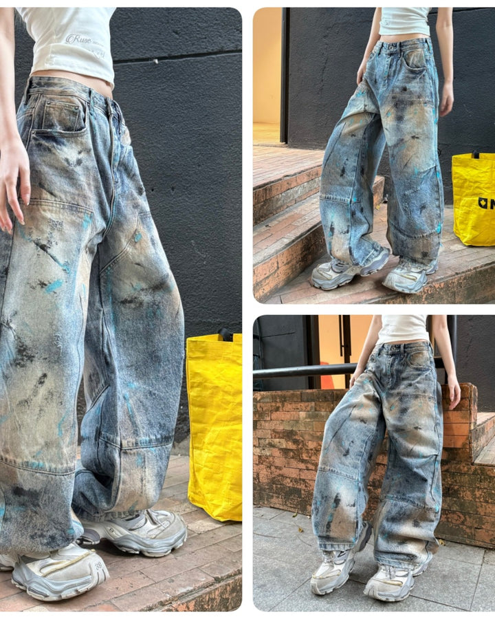 STEP BLOCK MT080 Vintage Oil-Stained Distressed Baggy Jeans