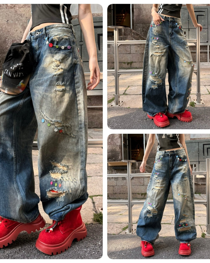 STEP BLOCK MT081 Vintage Mud-Washed Multi-Patch Baggy Jeans