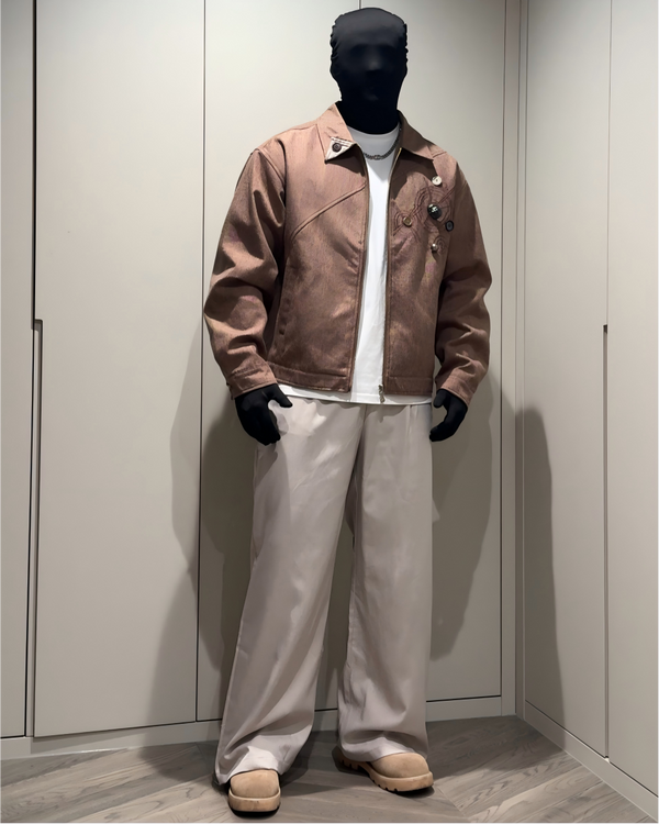 STEP BLOCK ST005 Vintage Washed Badge Detail Workwear Zip-Up Jacket
