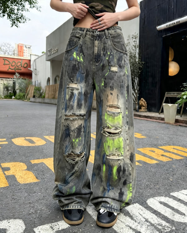 STEP BLOCK MT059 Neon Distressed Baggy Jeans - Washed Denim