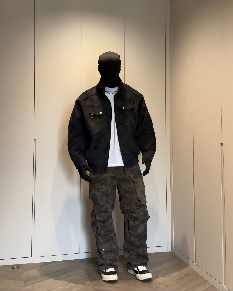 STEP BLOCK ST048 Washed Distressed Faux Leather Stand Collar Utility Jacket