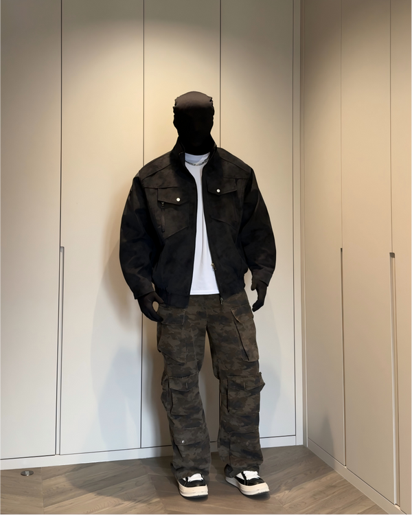 STEP BLOCK ST048 Washed Distressed Faux Leather Stand Collar Utility Jacket
