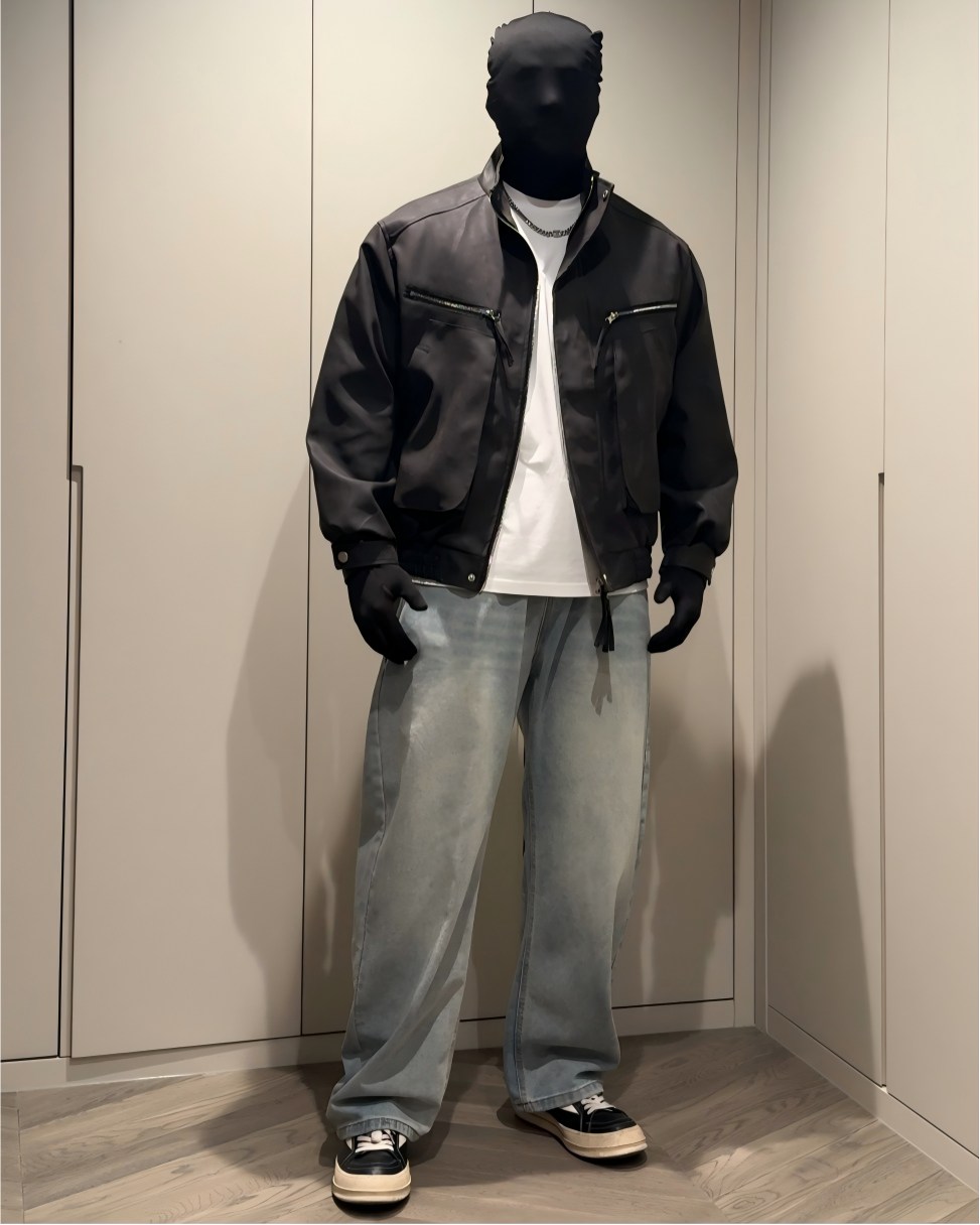 STEP BLOCK ST013 Washed Leather-Look Multi-Zipper Flight Jacket
