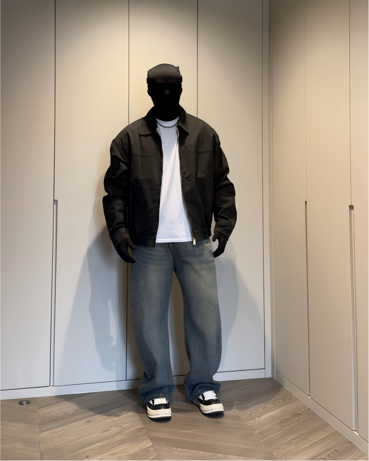 STEP BLOCK ST018 Contrast Cuff Minimalist Zip-Up Workwear Harrington Jacket