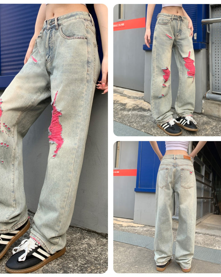 STEP BLOCK MT072 Pink Distressed Patchwork Baggy Jeans - Light Wash