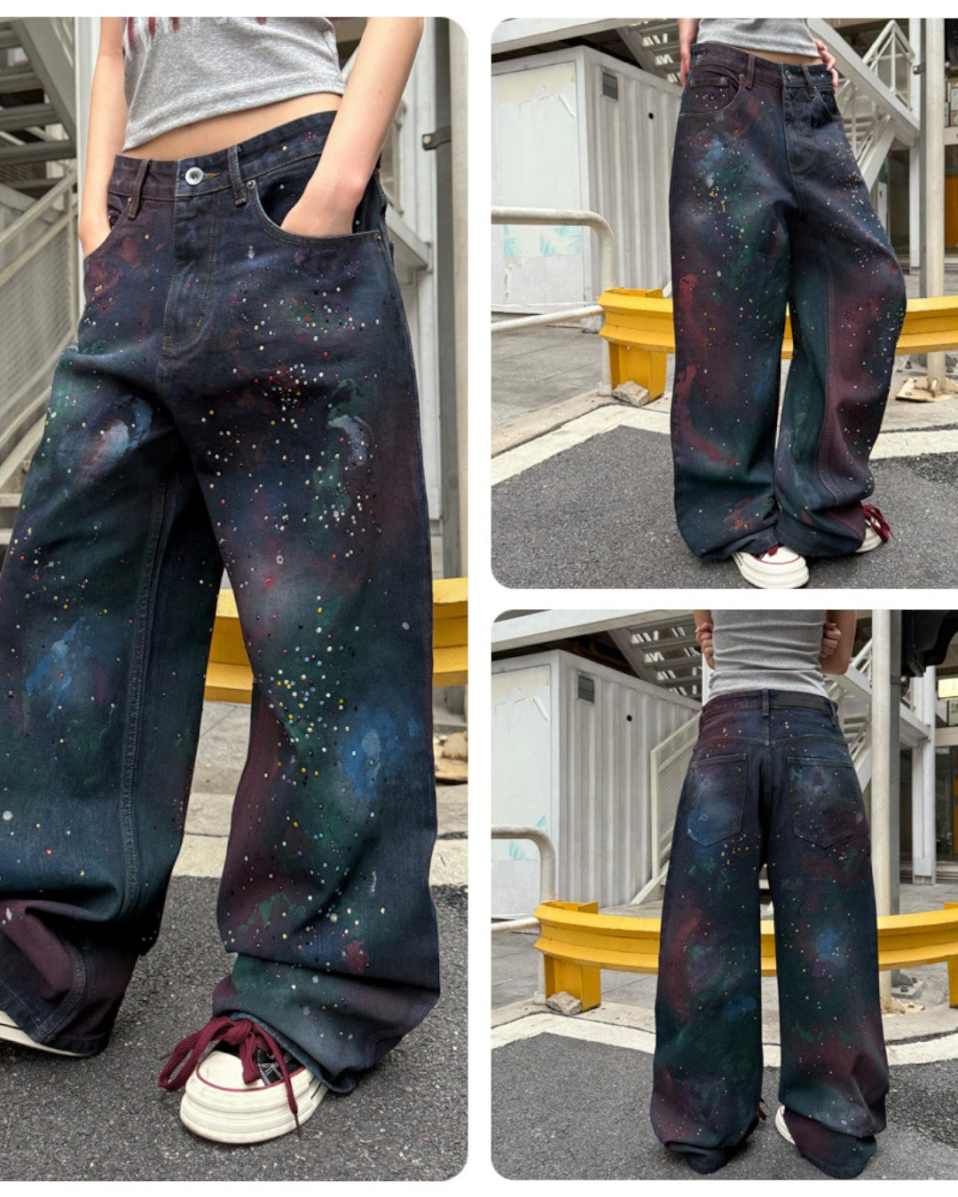STEP BLOCK MT065 Galaxy Paint Splatter Baggy Jeans - Dark Wash
