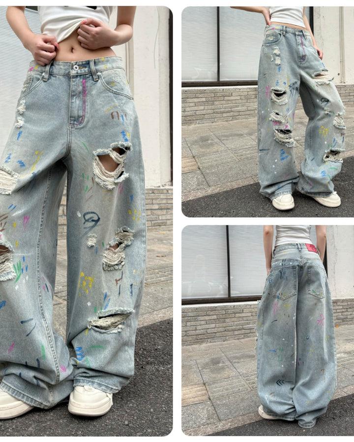 STEP BLOCK MT064 Graffiti Distressed Baggy Jeans - Light Washed Denim