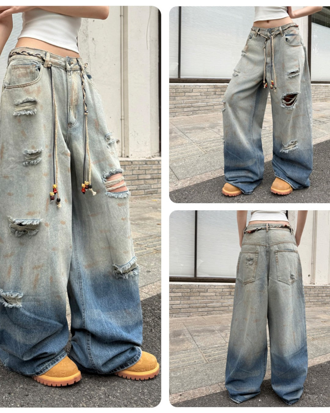 STEP BLOCK MT062 Gradient Distressed Baggy Jeans - Vintage Blue