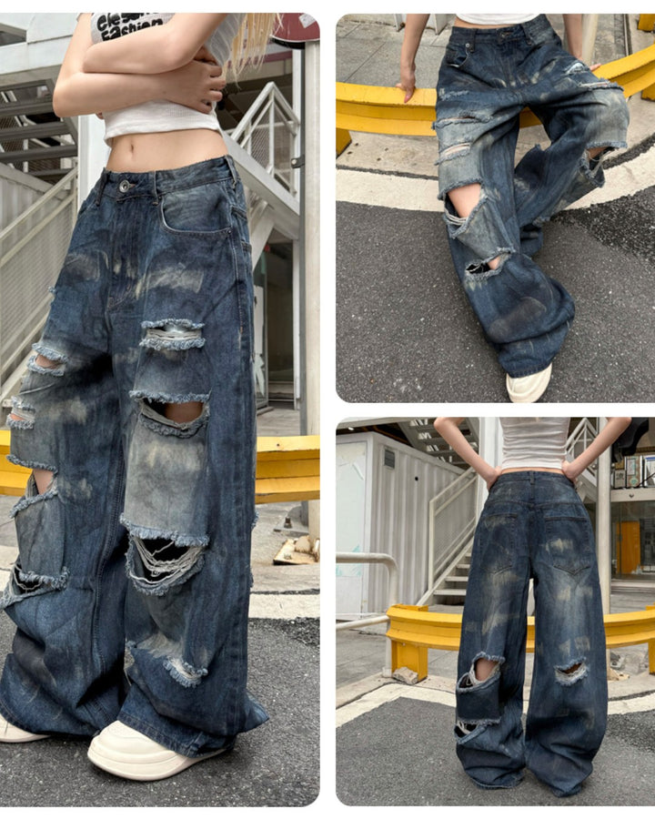 STEP BLOCK MT068 Heavy Hollow-Out Distressed Baggy Jeans