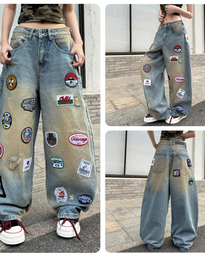 STEP BLOCK MT061 Multi-Badge Patchwork Baggy Jeans - Washed Denim