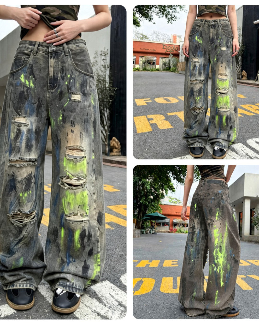 STEP BLOCK MT059 Neon Distressed Baggy Jeans - Washed Denim