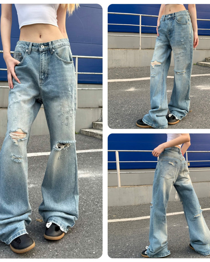 STEP BLOCK MT074 Vintage Washed Knee-Distressed Baggy Jeans