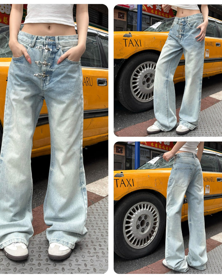 STEP BLOCK MT076 Multi-Button High Waist Baggy Jeans - Light Wash