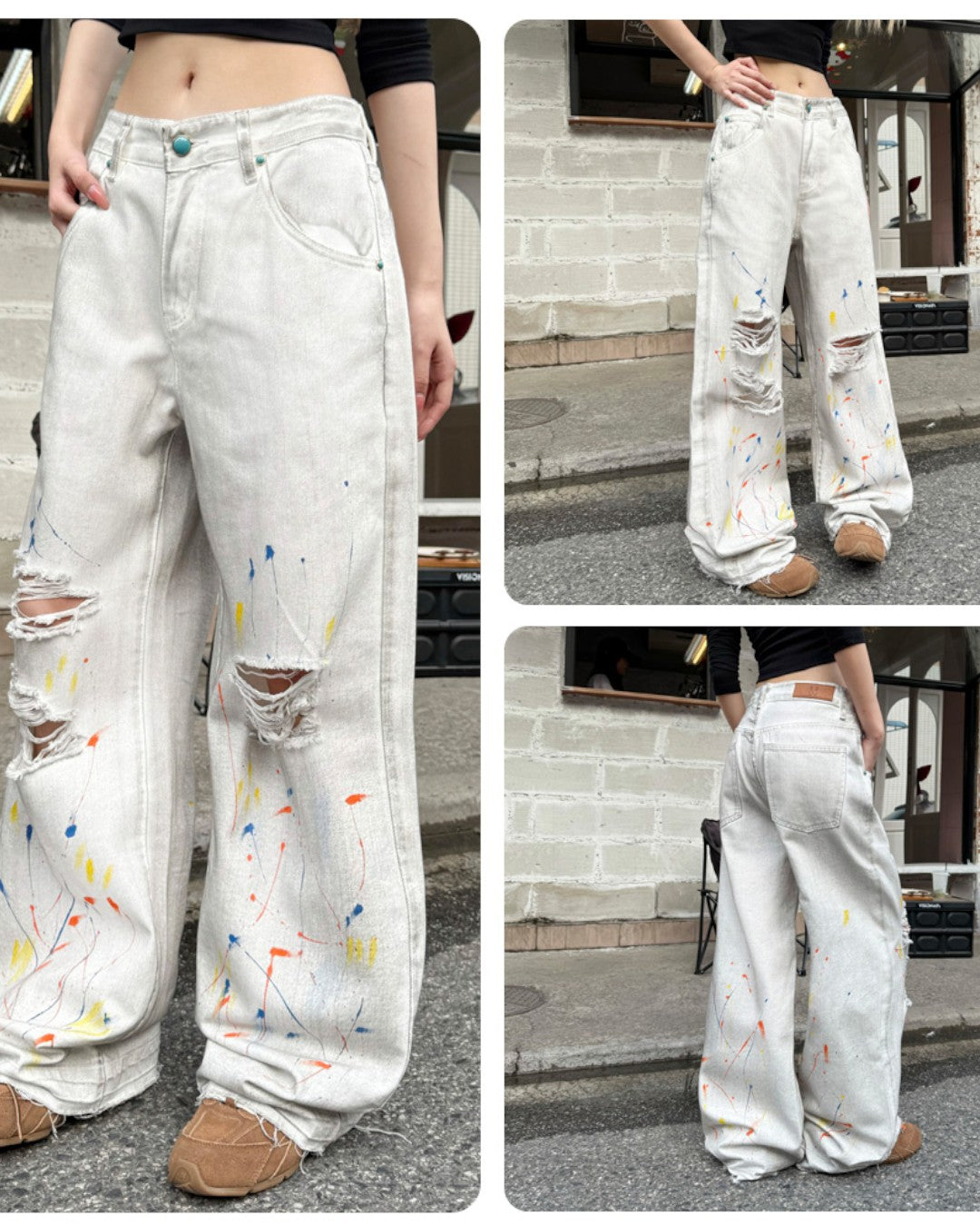 STEP BLOCK MT066 Distressed Graffiti Baggy Jeans - Off-White Denim