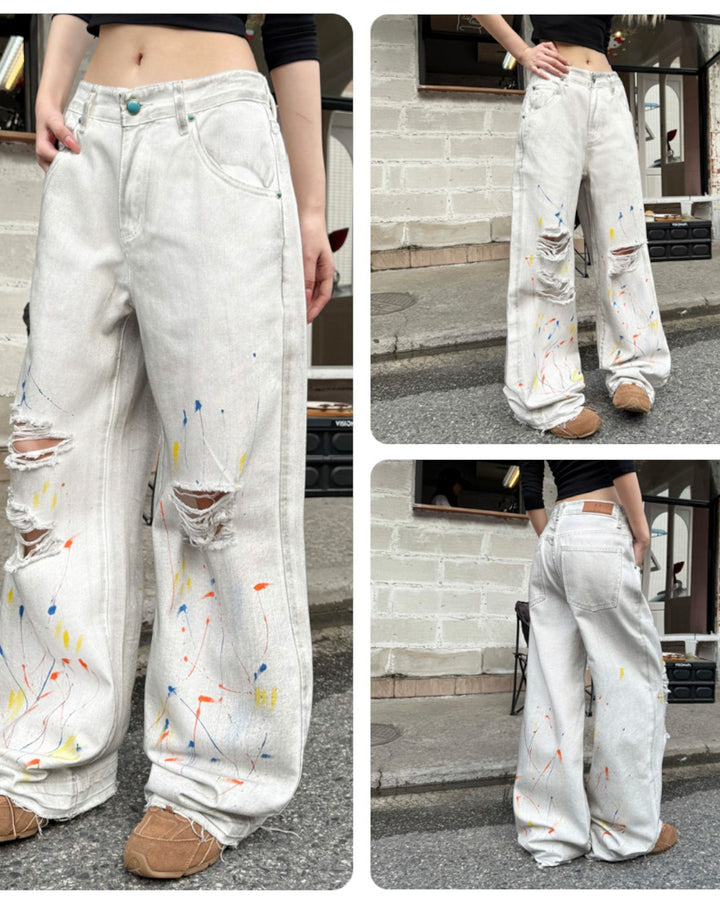 STEP BLOCK MT066 Distressed Graffiti Baggy Jeans - Off-White Denim
