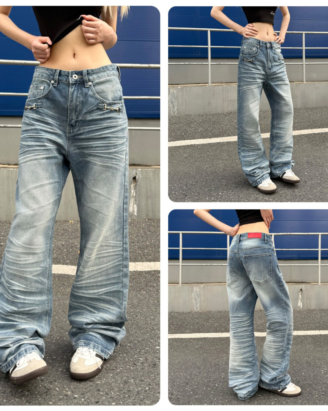 STEP BLOCK MT057 Baggy Stacked Jeans - Vintage Washed Denim