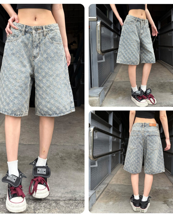 STEP BLOCK MK021 Monogram Pattern Denim 5" Shorts - Baggy Fit