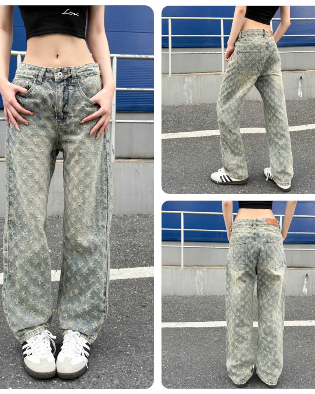STEP BLOCK MT056 All-Over Pattern Baggy Jeans - Vintage Washed Denim