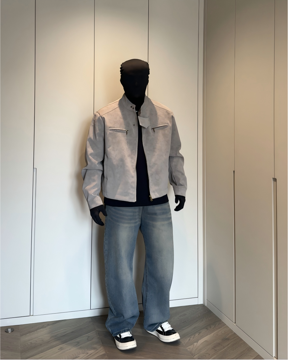 STEP BLOCK ST058 Washed Distressed Minimalist Stand Collar Workwear Jacket