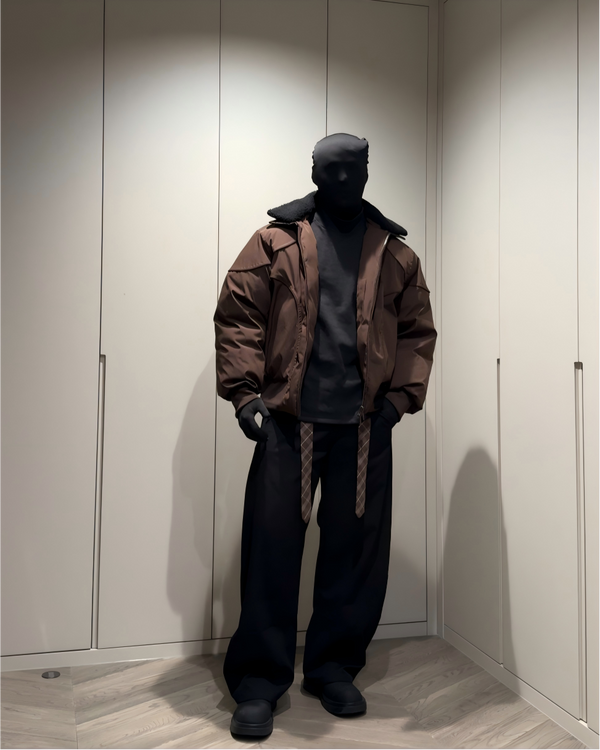 STEP BLOCK ST055 Shearling Collar Washed Utility Bomber Jacket
