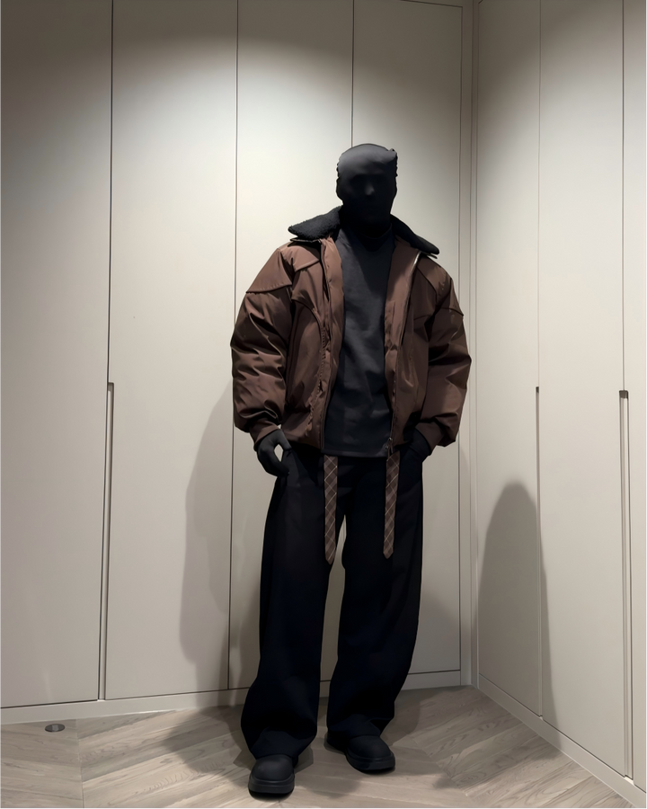 STEP BLOCK ST055 Shearling Collar Washed Utility Bomber Jacket